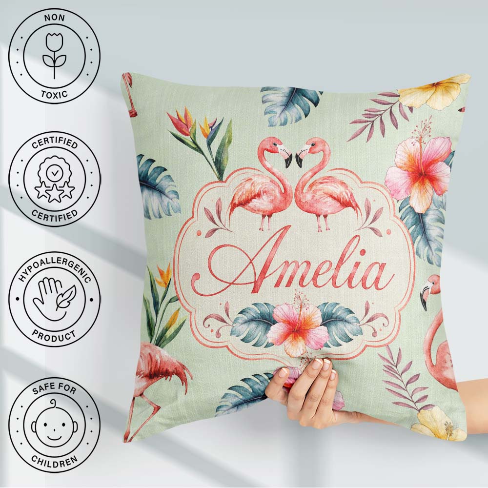 Custom Name Elegant Pink Flamingos Flowers Sage Green Background Square Filled Cushion Throw Pillow Sofa Bed Home Decor Zip Washable UK Made
