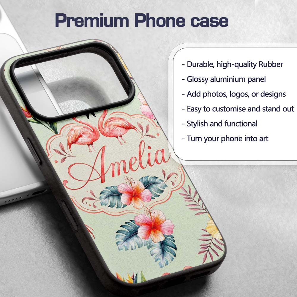 Elegant Pink Flamingos Tropical Flowers on Sage Custom Name Protective Phone Case Mobile Cover Durable Everyday Smartphone Shock Resistant