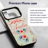 Elegant Pink Flamingos Tropical Flowers on Sage Custom Name Protective Phone Case Mobile Cover Durable Everyday Smartphone Shock Resistant