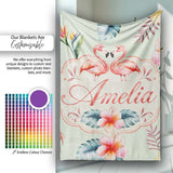 Elegant Pink Flamingos Tropical Flowers on Sage Green Background  Personalised Custom Name Super Soft Fleece Blanket Bed Sofa Throw
