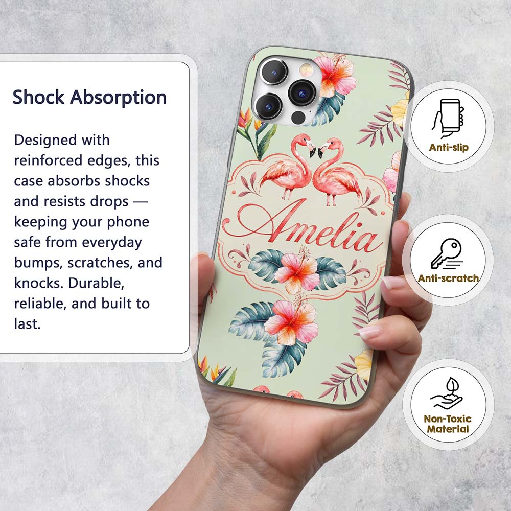 Elegant Pink Flamingos Tropical Flowers on Sage Custom Name Protective Phone Case Mobile Cover Durable Everyday Smartphone Shock Resistant