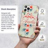 Elegant Pink Flamingos Tropical Flowers on Sage Custom Name Protective Phone Case Mobile Cover Durable Everyday Smartphone Shock Resistant