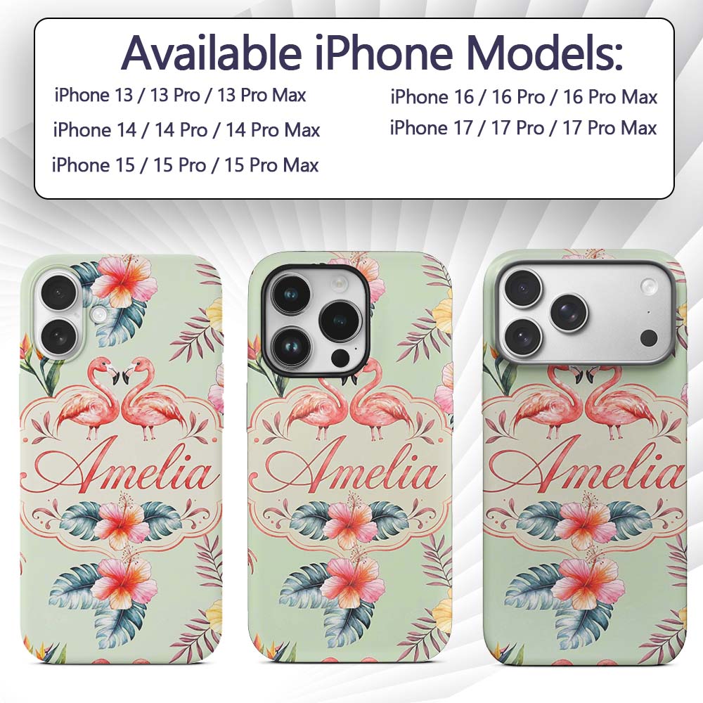 Elegant Pink Flamingos Tropical Flowers on Sage Custom Name Protective Phone Case Mobile Cover Durable Everyday Smartphone Shock Resistant