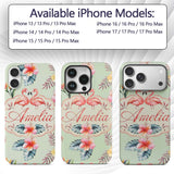 Elegant Pink Flamingos Tropical Flowers on Sage Custom Name Protective Phone Case Mobile Cover Durable Everyday Smartphone Shock Resistant