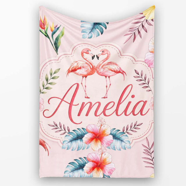 Elegant Pink Flamingos Tropical Flowers on Soft Pink Background  Personalised Custom Name Super Soft Fleece Blanket Bed Sofa Throw