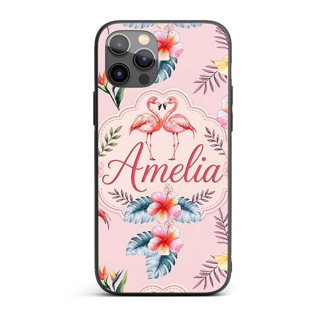 Elegant Pink Flamingos Tropical Flowers on Soft Custom Name Protective Phone Case Mobile Cover Durable Everyday Smartphone Shock Resistant