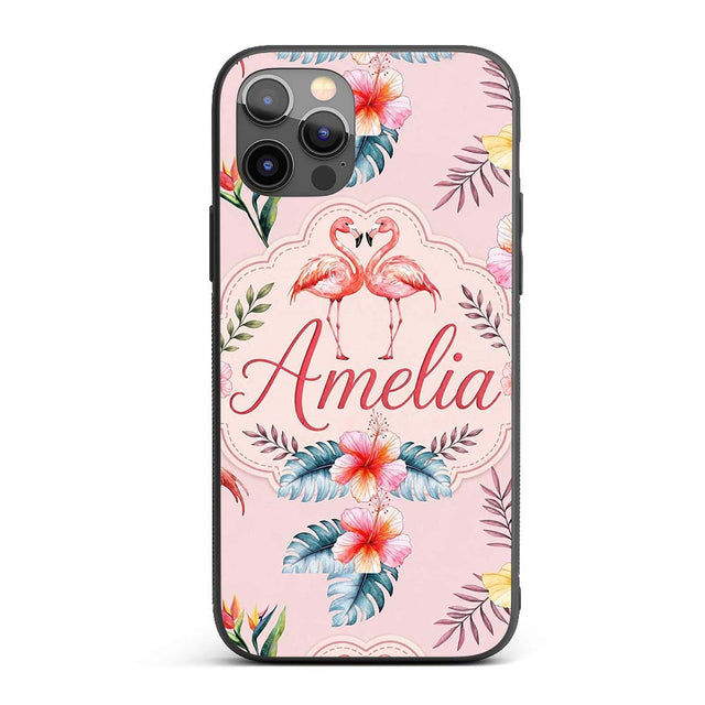 Elegant Pink Flamingos Tropical Flowers on Soft Custom Name Protective Phone Case Mobile Cover Durable Everyday Smartphone Shock Resistant