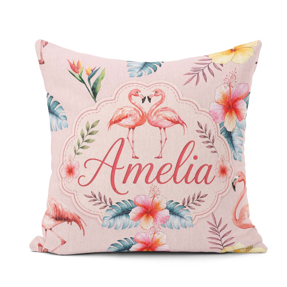 Custom Name Elegant Pink Flamingos Tropical Flowers on Soft Pink Square Filled Cushion Throw Pillow Sofa Bed Home Decor Zip Washable UK Made