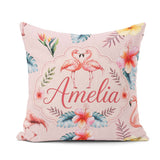 Custom Name Elegant Pink Flamingos Tropical Flowers on Soft Pink Square Filled Cushion Throw Pillow Sofa Bed Home Decor Zip Washable UK Made