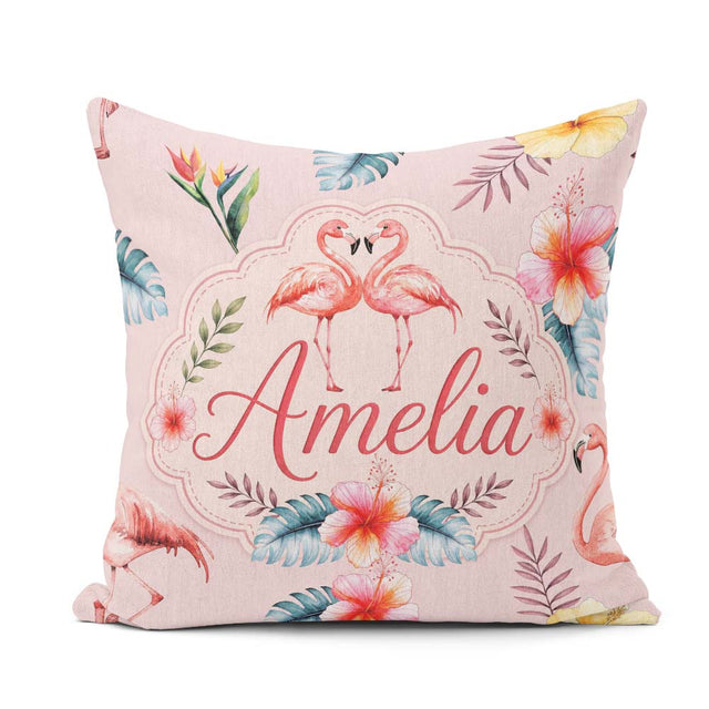 Custom Name Elegant Pink Flamingos Tropical Flowers on Soft Pink Square Filled Cushion Throw Pillow Sofa Bed Home Decor Zip Washable UK Made