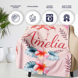 Elegant Pink Flamingos Tropical Flowers on Soft Pink Background  Personalised Custom Name Super Soft Fleece Blanket Bed Sofa Throw