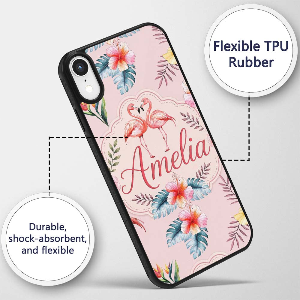 Elegant Pink Flamingos Tropical Flowers on Soft Custom Name Protective Phone Case Mobile Cover Durable Everyday Smartphone Shock Resistant