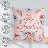 Custom Name Elegant Pink Flamingos Tropical Flowers on Soft Pink Square Filled Cushion Throw Pillow Sofa Bed Home Decor Zip Washable UK Made