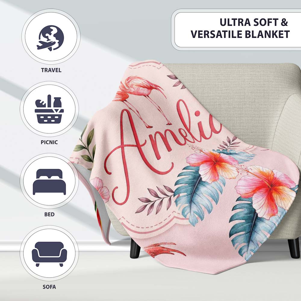 Elegant Pink Flamingos Tropical Flowers on Soft Pink Background  Personalised Custom Name Super Soft Fleece Blanket Bed Sofa Throw