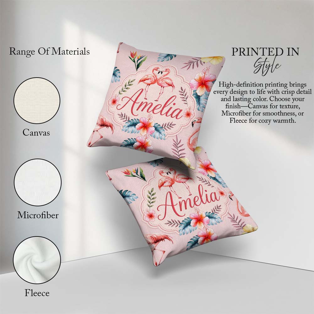 Custom Name Elegant Pink Flamingos Tropical Flowers on Soft Pink Square Filled Cushion Throw Pillow Sofa Bed Home Decor Zip Washable UK Made