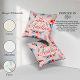 Custom Name Elegant Pink Flamingos Tropical Flowers on Soft Pink Square Filled Cushion Throw Pillow Sofa Bed Home Decor Zip Washable UK Made