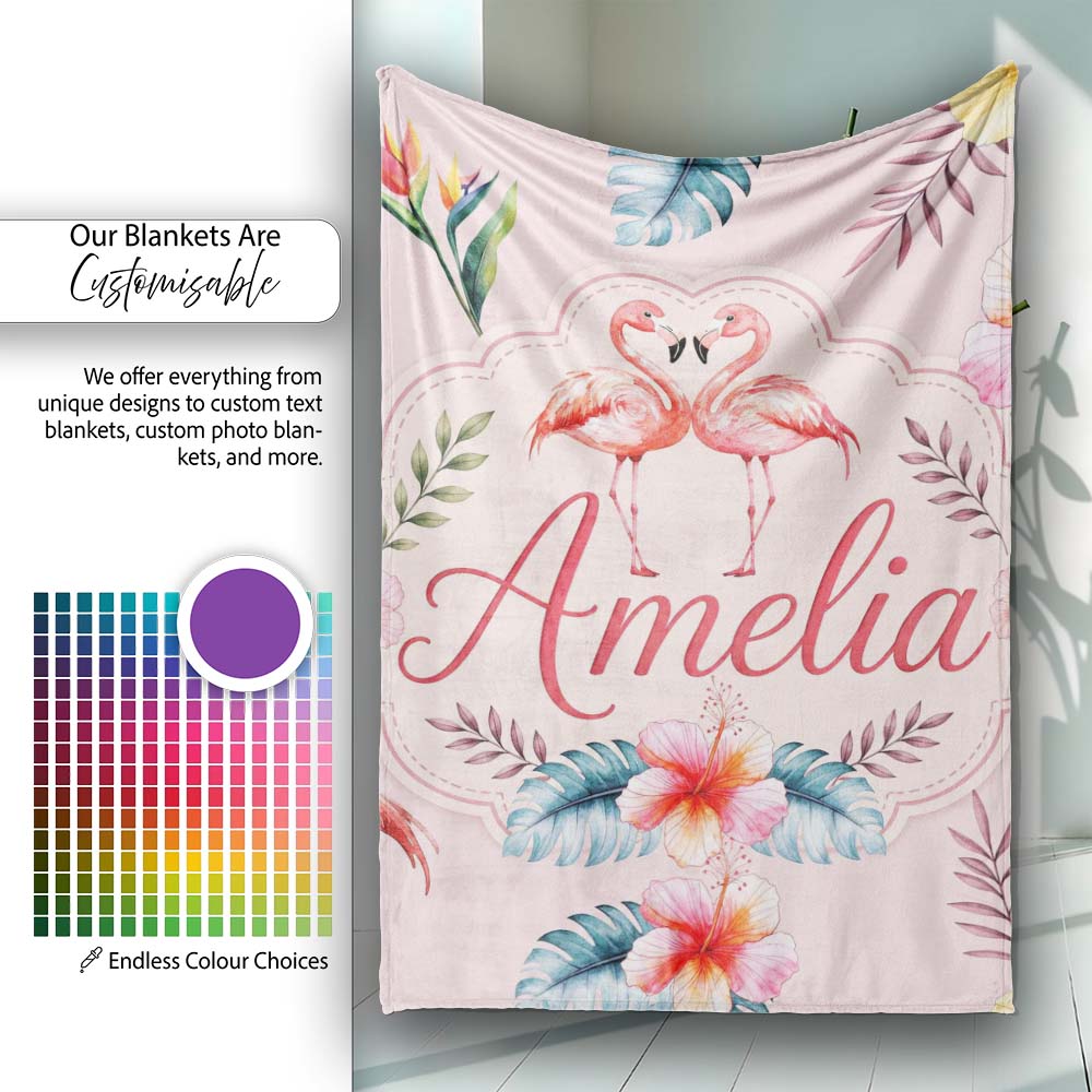 Elegant Pink Flamingos Tropical Flowers on Soft Pink Background  Personalised Custom Name Super Soft Fleece Blanket Bed Sofa Throw