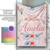 Elegant Pink Flamingos Tropical Flowers on Soft Pink Background  Personalised Custom Name Super Soft Fleece Blanket Bed Sofa Throw