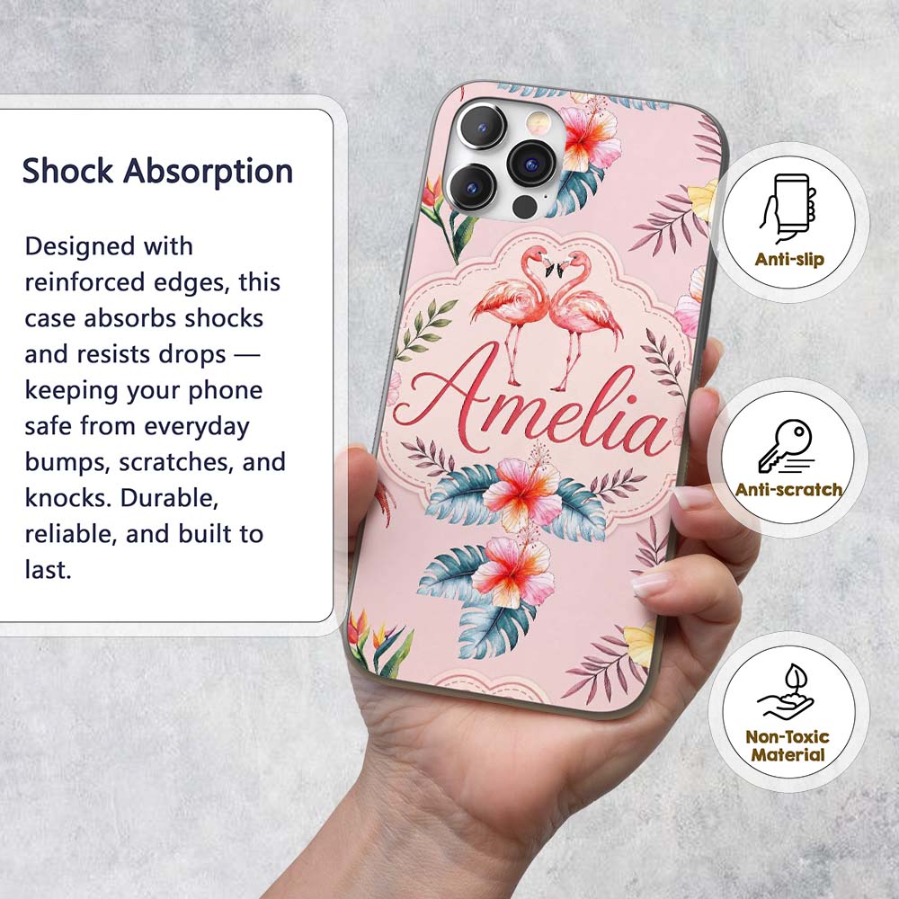 Elegant Pink Flamingos Tropical Flowers on Soft Custom Name Protective Phone Case Mobile Cover Durable Everyday Smartphone Shock Resistant