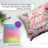Custom Name Elegant Pink Flamingos Tropical Flowers on Soft Pink Square Filled Cushion Throw Pillow Sofa Bed Home Decor Zip Washable UK Made