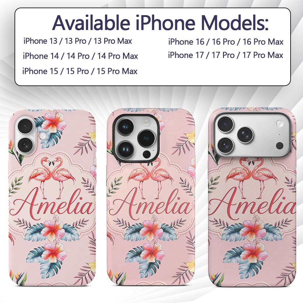 Elegant Pink Flamingos Tropical Flowers on Soft Custom Name Protective Phone Case Mobile Cover Durable Everyday Smartphone Shock Resistant