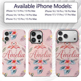Elegant Pink Flamingos Tropical Flowers on Soft Custom Name Protective Phone Case Mobile Cover Durable Everyday Smartphone Shock Resistant