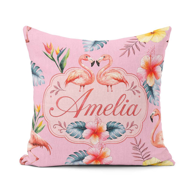 Custom Name Elegant Pink Flamingos Flowers Blush Pink Background Square Filled Cushion Throw Pillow Sofa Bed Home Decor Zip Washable UK Made