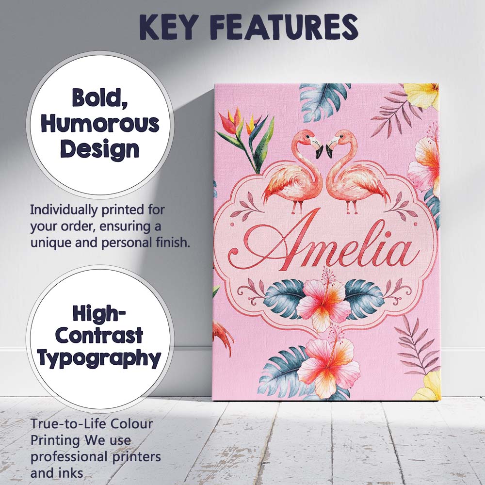 Personalised Name Elegant Pink Flamingos Custom  Interior Decorative Contemporary Canvas Wall Art Print Decor Picture Ready to Hang