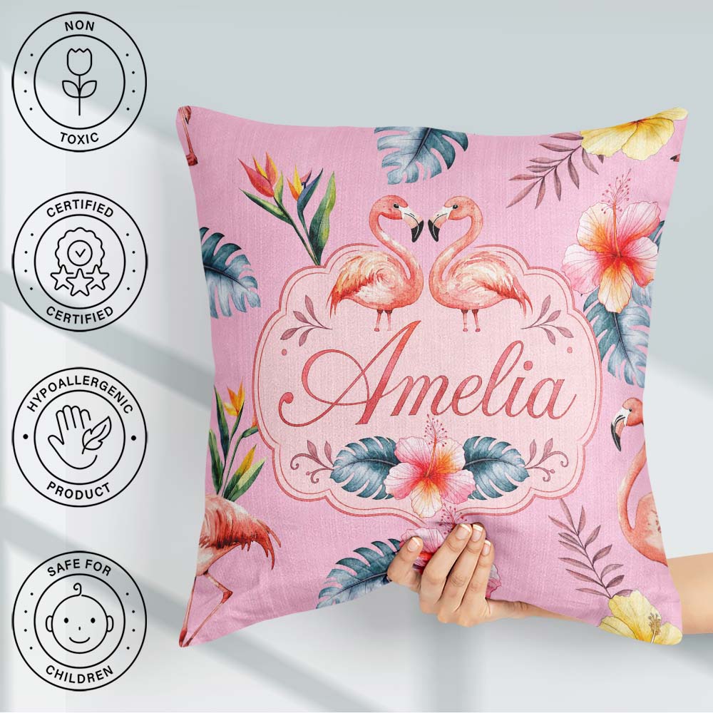 Custom Name Elegant Pink Flamingos Flowers Blush Pink Background Square Filled Cushion Throw Pillow Sofa Bed Home Decor Zip Washable UK Made