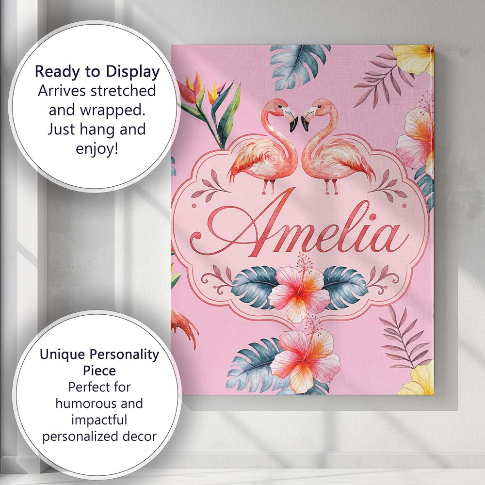 Personalised Name Elegant Pink Flamingos Custom  Interior Decorative Contemporary Canvas Wall Art Print Decor Picture Ready to Hang