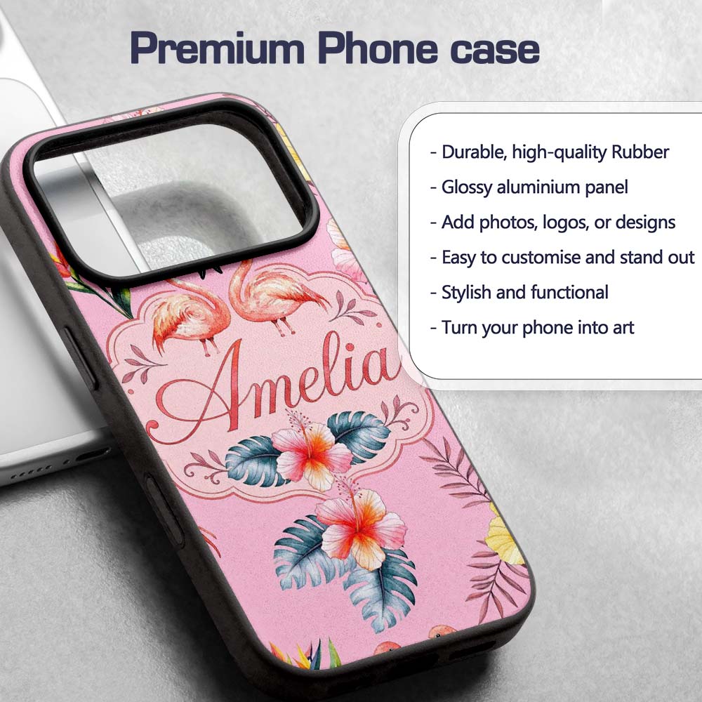 Elegant Pink Flamingos Tropical Flowers on Blush Custom Name Protective Phone Case Mobile Cover Durable Everyday Smartphone Shock Resistant