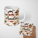 Personalized Custom Name Cute Halloween Dracula Ghost Bats on Light Beige Background Seamless 11oz Ceramic Coffee Tea Mug White Large Handle
