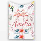 Elegant Pink Flamingos Tropical Flowers on Light Grey Background  Personalised Custom Name Super Soft Fleece Blanket Bed Sofa Throw