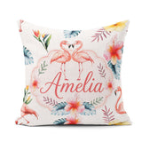 Custom Name Elegant Pink Flamingos Flowers Light Grey Background Square Filled Cushion Throw Pillow Sofa Bed Home Decor Zip Washable UK Made