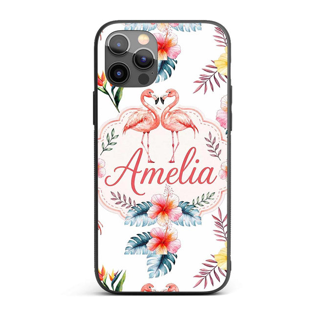 Elegant Pink Flamingos Tropical Flowers on Light Custom Name Protective Phone Case Mobile Cover Durable Everyday Smartphone Shock Resistant