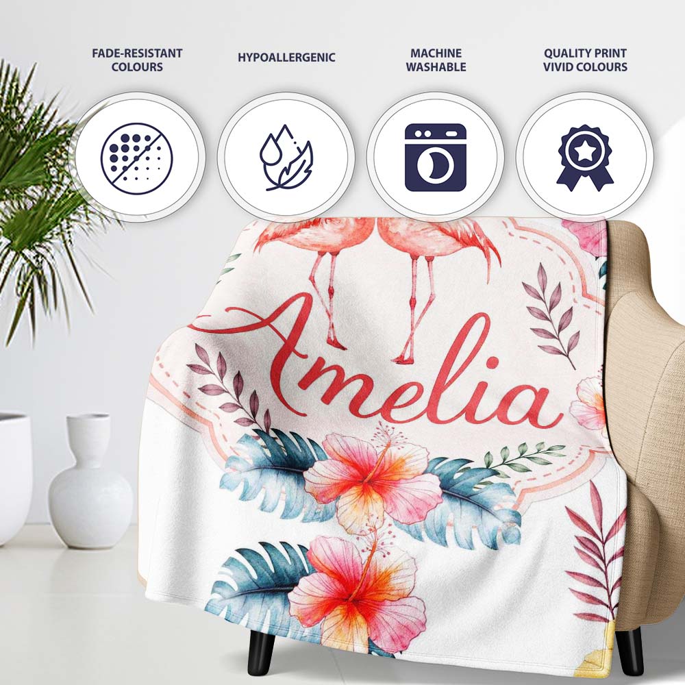 Elegant Pink Flamingos Tropical Flowers on Light Grey Background  Personalised Custom Name Super Soft Fleece Blanket Bed Sofa Throw