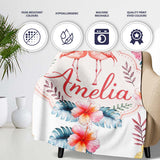 Elegant Pink Flamingos Tropical Flowers on Light Grey Background  Personalised Custom Name Super Soft Fleece Blanket Bed Sofa Throw
