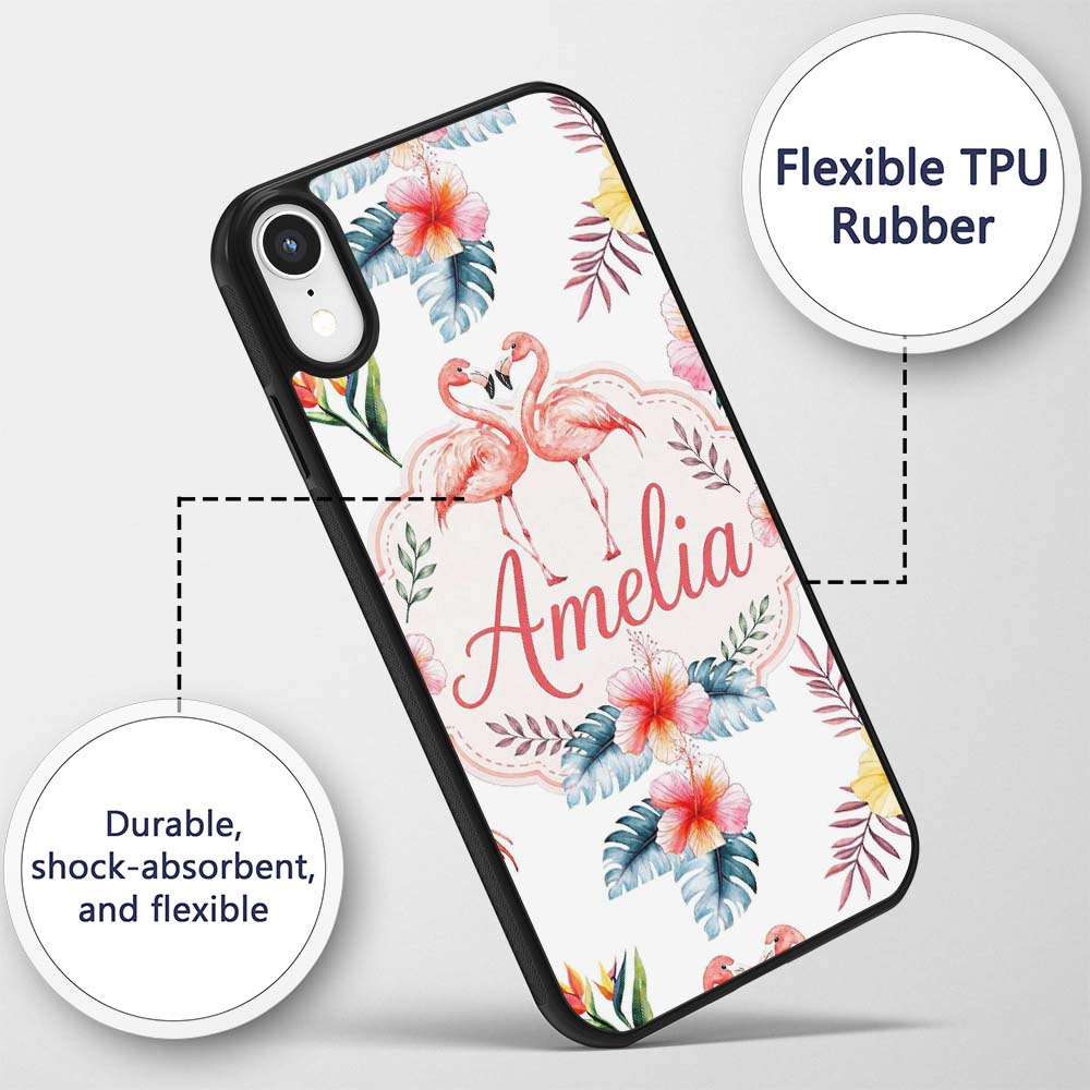 Elegant Pink Flamingos Tropical Flowers on Light Custom Name Protective Phone Case Mobile Cover Durable Everyday Smartphone Shock Resistant