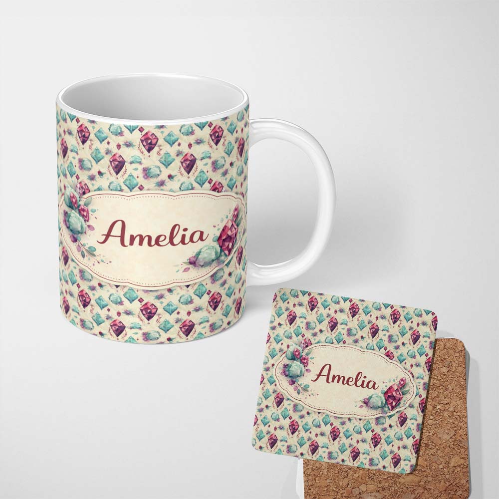 Personalized Custom Name Colorful Confetti Gemstone Beige Background Playful Crystal Design 11oz Ceramic Coffee Tea Mug White Large Handle