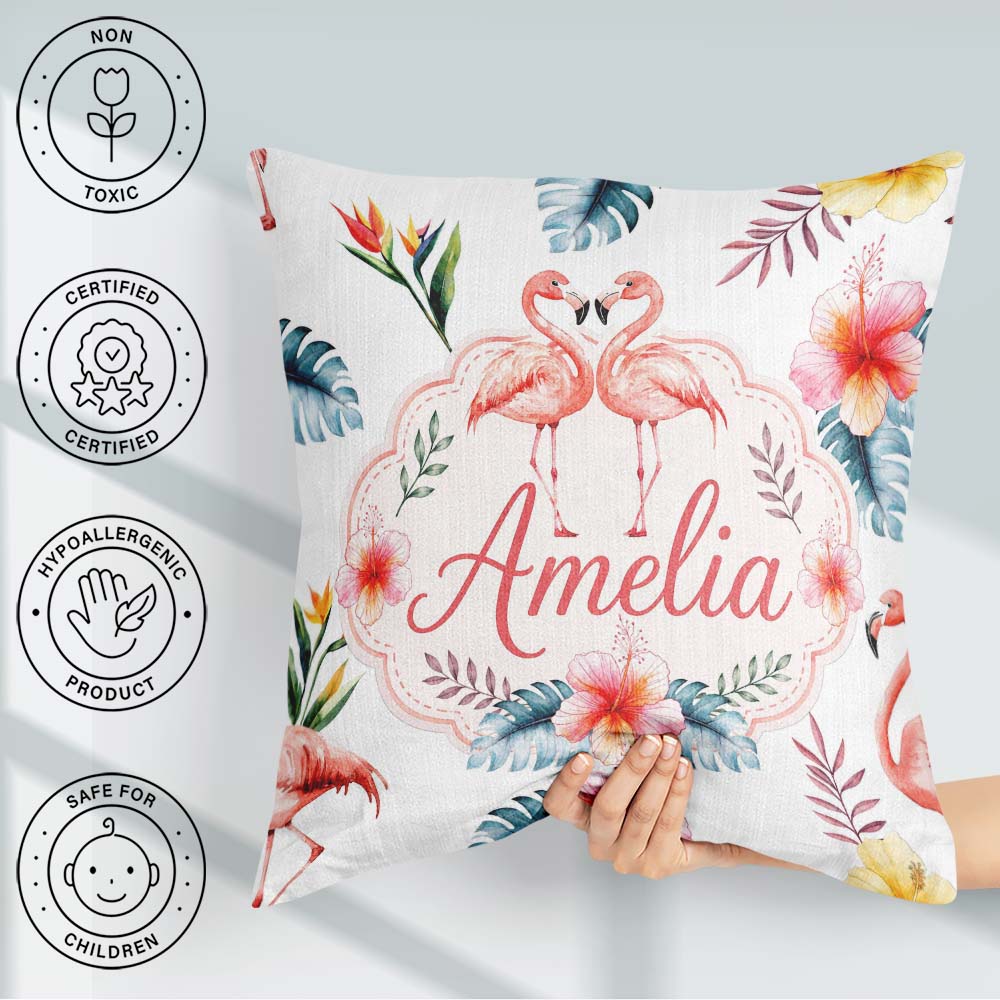 Custom Name Elegant Pink Flamingos Flowers Light Grey Background Square Filled Cushion Throw Pillow Sofa Bed Home Decor Zip Washable UK Made