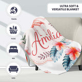 Elegant Pink Flamingos Tropical Flowers on Light Grey Background  Personalised Custom Name Super Soft Fleece Blanket Bed Sofa Throw