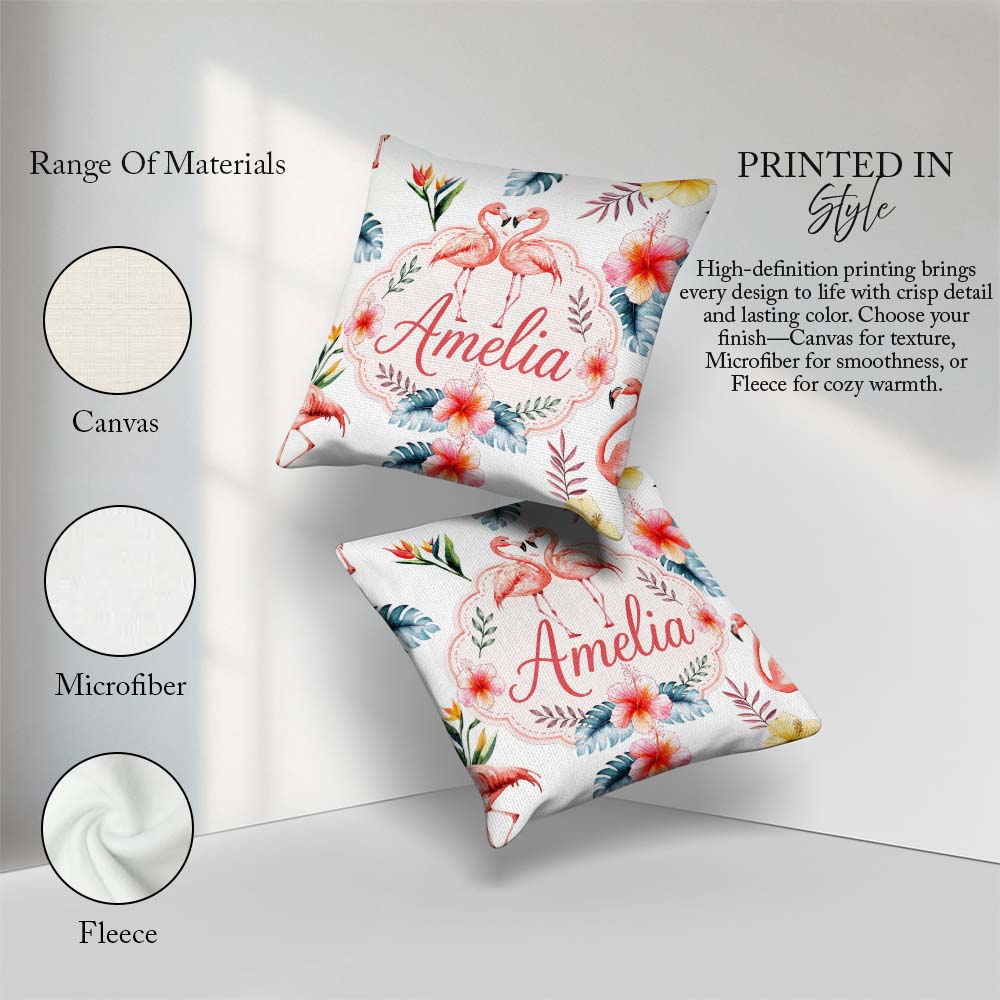 Custom Name Elegant Pink Flamingos Flowers Light Grey Background Square Filled Cushion Throw Pillow Sofa Bed Home Decor Zip Washable UK Made