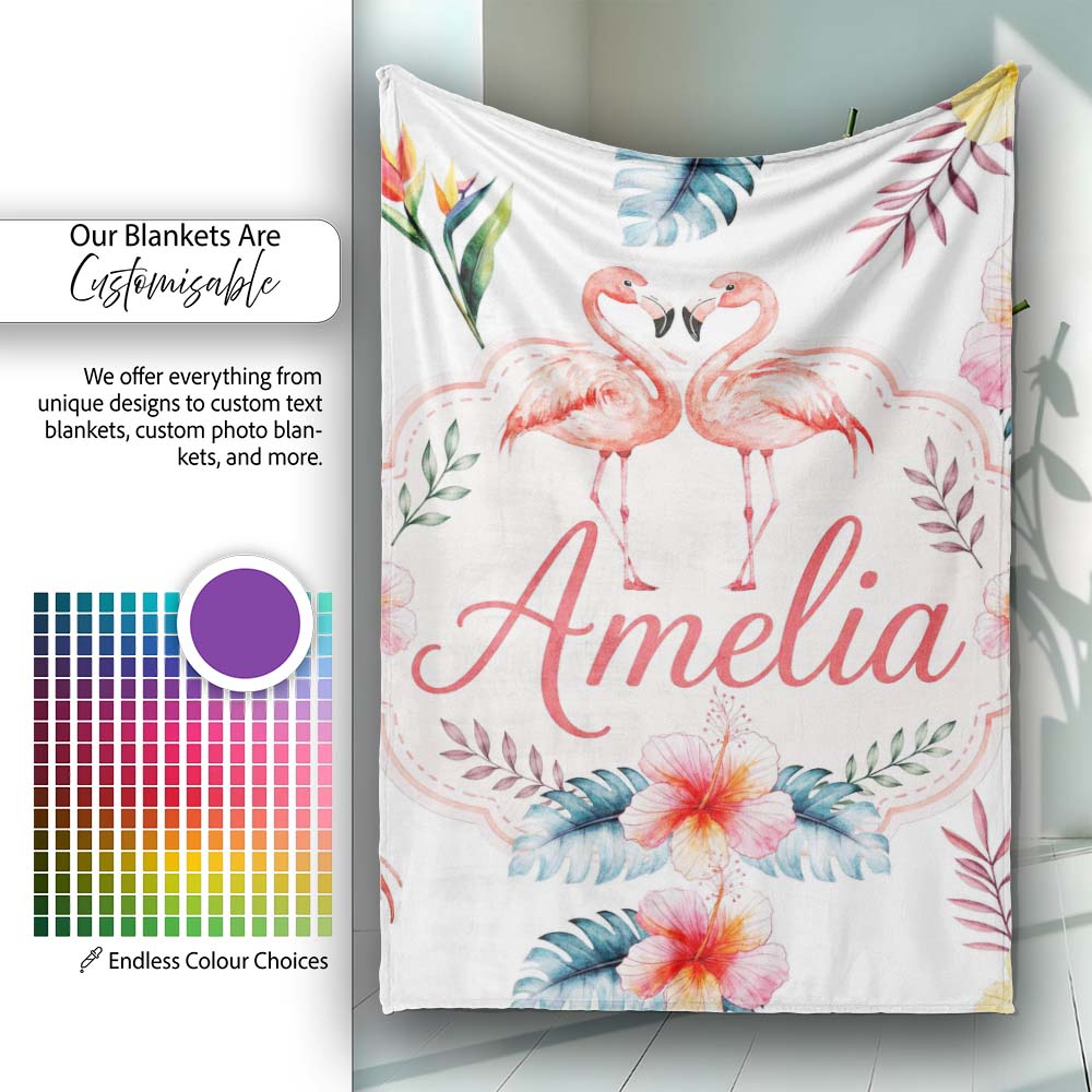 Elegant Pink Flamingos Tropical Flowers on Light Grey Background  Personalised Custom Name Super Soft Fleece Blanket Bed Sofa Throw