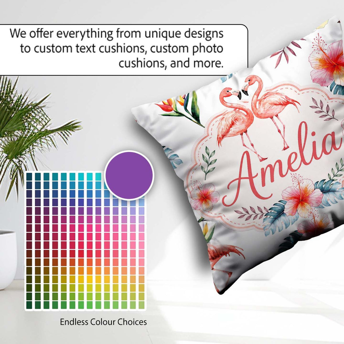 Custom Name Elegant Pink Flamingos Flowers Light Grey Background Square Filled Cushion Throw Pillow Sofa Bed Home Decor Zip Washable UK Made