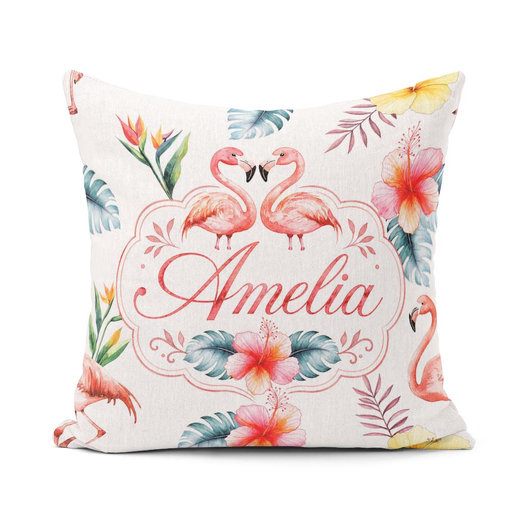 Custom Name Elegant Pink Flamingos Tropical Flowers on Pale Grey Square Filled Cushion Throw Pillow Sofa Bed Home Decor Zip Washable UK Made