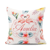 Custom Name Elegant Pink Flamingos Tropical Flowers on Pale Grey Square Filled Cushion Throw Pillow Sofa Bed Home Decor Zip Washable UK Made
