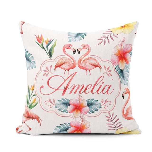 Custom Name Elegant Pink Flamingos Tropical Flowers on Pale Grey Square Filled Cushion Throw Pillow Sofa Bed Home Decor Zip Washable UK Made