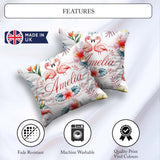 Custom Name Elegant Pink Flamingos Tropical Flowers on Pale Grey Square Filled Cushion Throw Pillow Sofa Bed Home Decor Zip Washable UK Made
