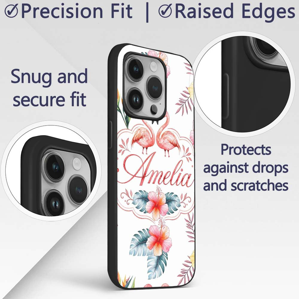 Elegant Pink Flamingos Tropical Flowers on Pale Custom Name Protective Phone Case Mobile Cover Durable Everyday Smartphone Shock Resistant