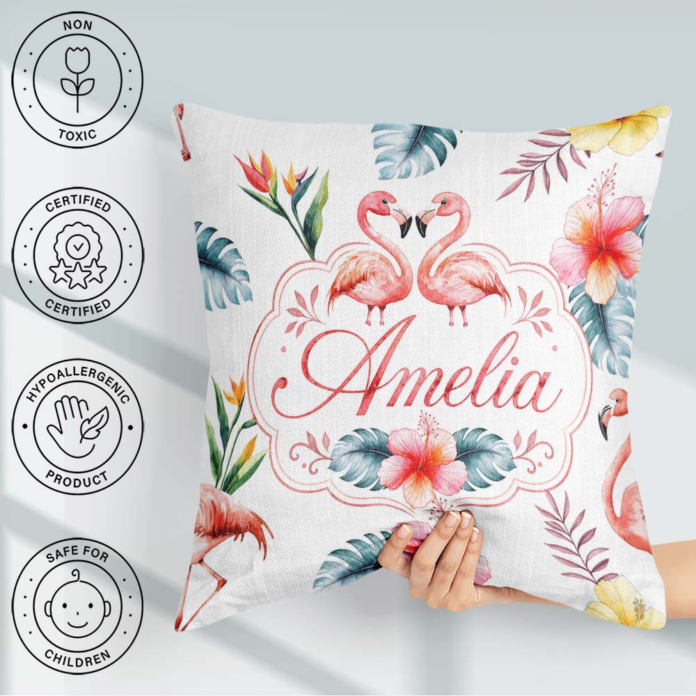 Custom Name Elegant Pink Flamingos Tropical Flowers on Pale Grey Square Filled Cushion Throw Pillow Sofa Bed Home Decor Zip Washable UK Made